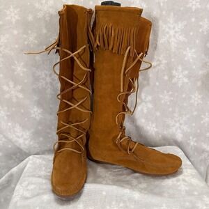 Minnetonka Suede Moccasins Knee High Boots‎ Women's 10 Brown Fringe Tall Lace-Up